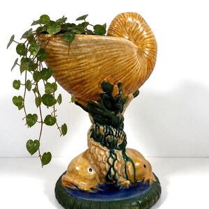 Vintage Majolica Style Nautilus Shell & Twin Fish Vase