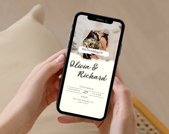 May include: A wedding invitation on a smartphone screen with a photo of the couple, the text "The Wedding Of Olivia & Richard", the date "September 25, 2022", the time "2 PM", and the location "123 Anywhere St, Any City".