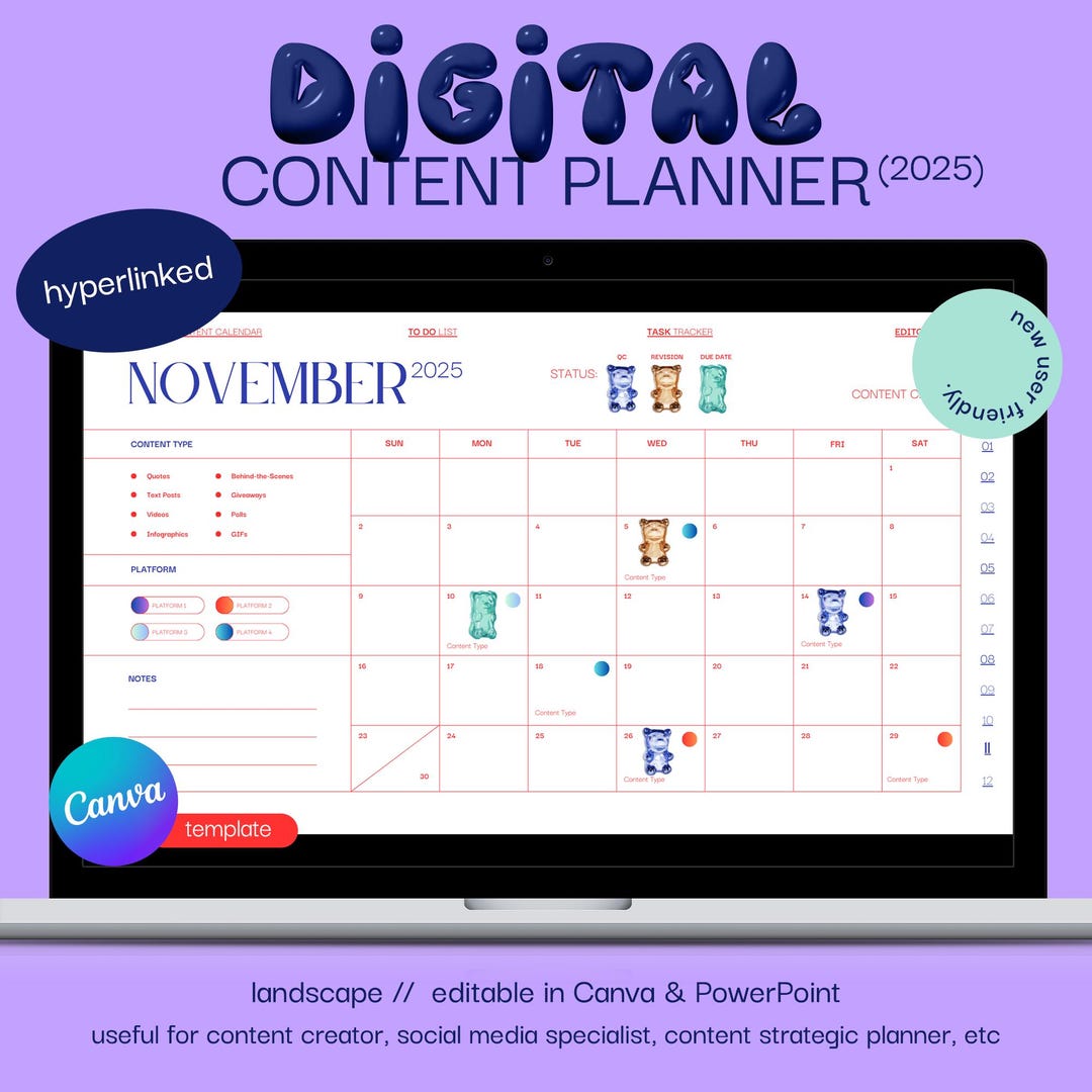 2025 Digital Content Planner | Hyperlinked Canva Template | Social ...