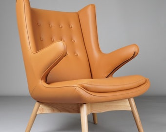 Hans Mid Century Modern Sessel - Beige Vegan Leder & Massivholz Lounge Sessel - Akzent Stuhl - Vintage Stuhl - NEUE Retro handgemachte Möbel
