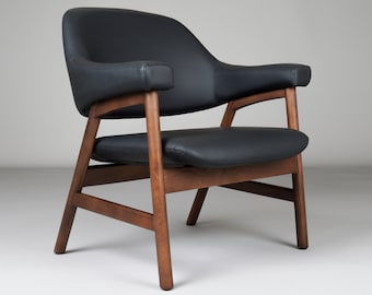 Sven Mid Century Modern Sessel - Schwarzer Vegan Leder Lounge Sessel - Akzent Stuhl - Vintage Sessel - NEUE Retro handgefertigte Möbel