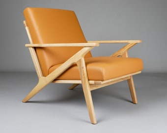 Axel Mid Century Modern Sessel – Hellbrauner Loungesessel aus veganem Leder – Akzentstuhl – Vintage-Sessel – NEUE handgefertigte Retro-Möbel