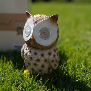 May include: A brown and white owl figurine with large, round eyes. The owl is sitting in a grassy area.
