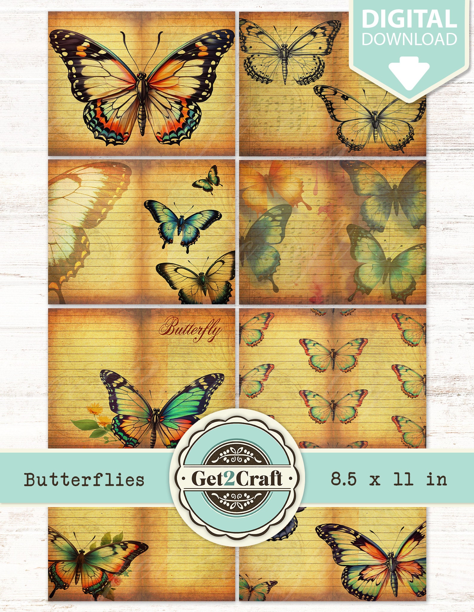 Printable Junk Journal Kit - Butterflies - 10 Digital Pages for ...