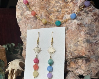 Gold + rainbow earring & necklace set