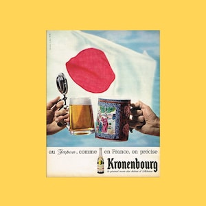 May include: A vintage advertisement for Kronenbourg beer featuring a Japanese flag with a red circle in the centre. The text reads "au Japon, comme en France, on précise Kronenbourg le grand nom des bières d'Alsace".