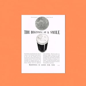 Puede incluir: Anuncio vintage de Guinness con una pinta de cerveza sonriente. El texto dice "The Beginning of a Smile" y "Guinness is Good for You". La imagen tambi&eacute;n incluye un diagrama de c&eacute;lulas de levadura.