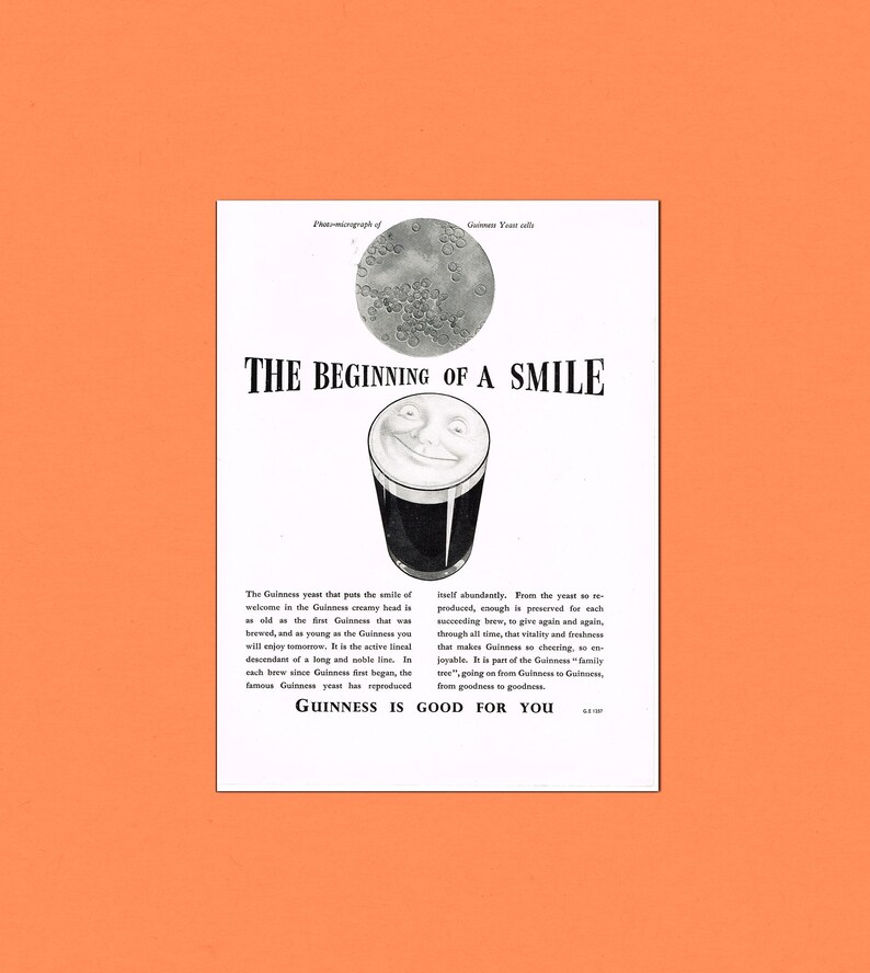 Puede incluir: Anuncio vintage de Guinness con una pinta de cerveza sonriente. El texto dice "The Beginning of a Smile" y "Guinness is Good for You". La imagen tambi&eacute;n incluye un diagrama de c&eacute;lulas de levadura.