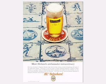 Manifesto pubblicitario originale della rivista Heineken Beer degli anni '60, autentico