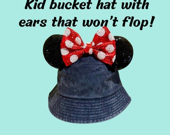 Kid Mickey ear bucket hat for kid hat with mouse ear and bow child denim Mickey ear bucket hat with Mickey ear hat for kid denim hat