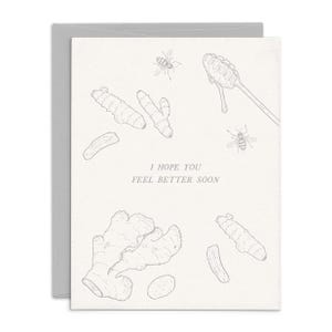 se sentir mieux bientôt | de voeux d'encouragement | Illustrations dessinées à la main | Carte de rétablissement imprimée en typographie | Recette de thé au gingembre