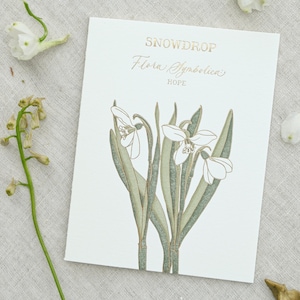 de voeux en feuille d'or typographique de perce-neige | Langue victorienne des fleurs | Fleur qui signifie espoir et un nouveau départ
