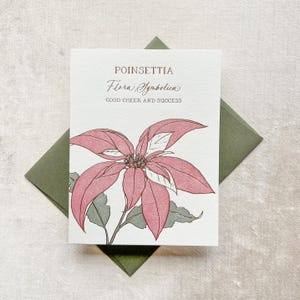 Tarjeta de felicitación con impresión tipográfica de Poinsettia en papel dorado / Lenguaje victoriano de las flores / Significado de las flores: alegría, celebración, buen ánimo, éxito