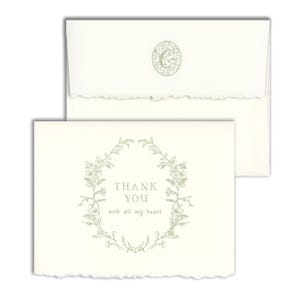 Jeu de cartes de remerciement sincères | Cartes de correspondance florales typographiques vertes avec lettrage à la main et bords tachés, emballées avec du ruban