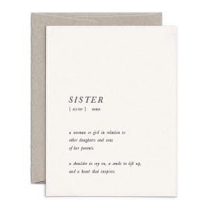 Sister Card – Conception de glossaire typographique | Carte de voeux pour soeurs inspirée de l'étymologie