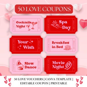 50 Editable Printable Love Coupons, Romantic Gift for Couples, Digital Valentine’s Gift Canva Templates, Instant Download, DIY Vouchers
