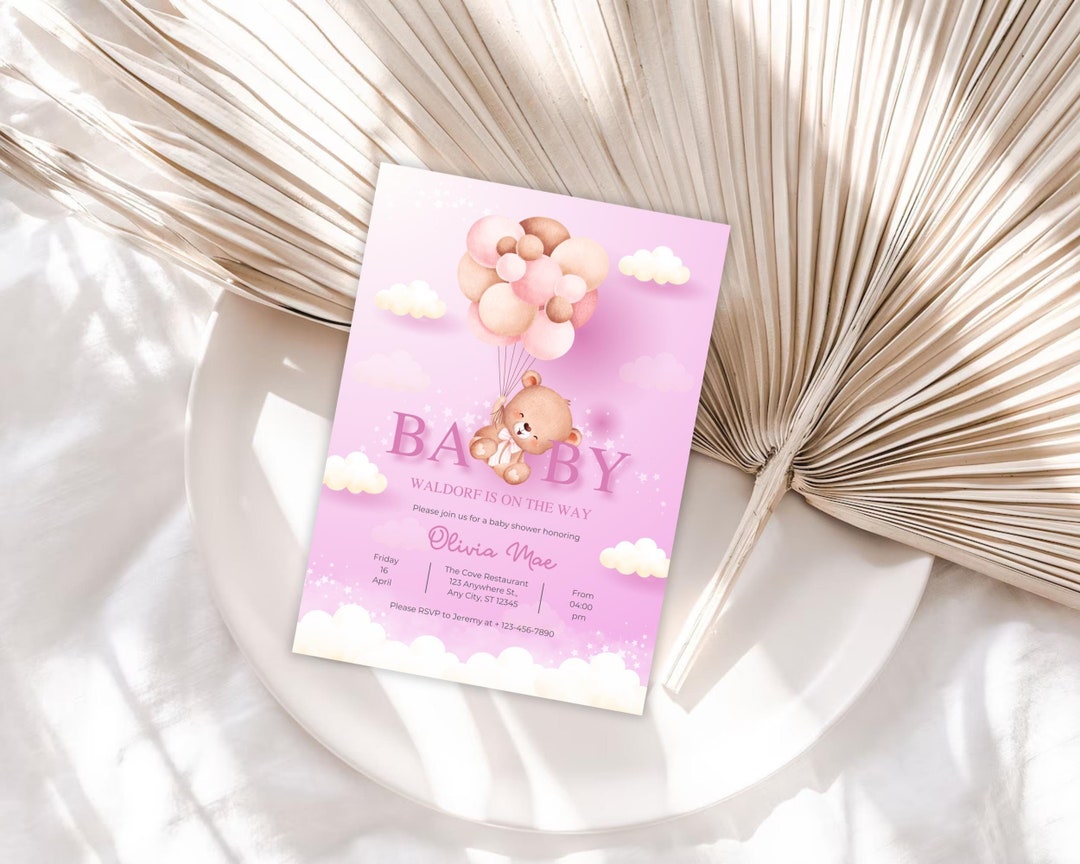 Customizable Baby Shower Invitation Teddy Bear Pink Balloons Theme - Etsy