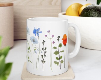 Colorful Wildflower Cottage Core Mug, Boho Wildflower Mug, Gift for Cottage Core Girl, Cottage Core Aesthetic, Pressed Flower Mug