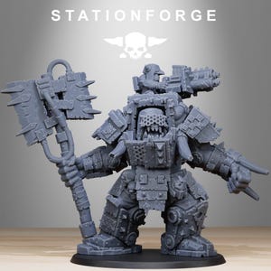 May include: A grey miniature figure of a heavily armoured orc-like character, holding a large axe. The figure has a menacing expression and is covered in mechanical details. The text "STATIONFORGE" is at the top.
