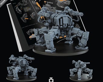 May include: A gray, mechanical walker model with multiple legs and gun attachments, displayed on a black base. The image includes an assembly manual and two smaller models. Text on the image reads "QUALITY ASSURANCE PROFESSIONALLY PRE-SUPPORTED PRINT TESTED."