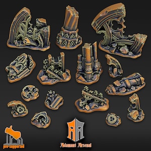 May include: A set of 15 pre-supported 3D printed resin miniature ruins for tabletop gaming. The ruins are in various states of decay and feature intricate details, including arches, columns, and walls. The ruins are painted in a gold and brown color scheme.
