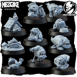 Può includere: Un set di 10 miniature non dipinte di una creatura simile a un cane con diverse pose ed espressioni. Le miniature sono in plastica grigia e sono pronte per essere dipinte. MEZGİKE MINIATURES e LOKEN'S MINIATURES sono stampati sull'immagine.