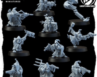 May include: A set of nine grey plastic miniature figures of goblins wearing hooded robes and holding various weapons. The figures are posed in different action stances. The figures are from the MezGike Miniatures line.