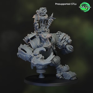 Puede incluir: Una figura de pirata gris impresa en 3D con cabeza de calavera, sombrero de tres picos y un garfio mecánico en la mano. La figura está sobre una base negra, con una figura de esqueleto más pequeña sobre su hombro. Se ve el texto "Presupported STLs".