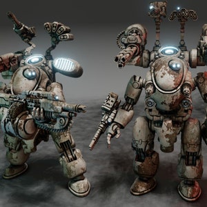 May include: Two weathered, white, robotic figures with multiple weapons and gears. The figures have a rounded, humanoid shape with large, round heads. The figures are standing on a grey surface.