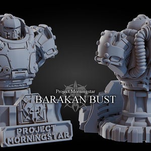 Pode incluir: Um busto de robô cinza impresso em 3D com um design detalhado. O busto está em uma base com o texto "Project Morningstar" e "Barakan Bust".