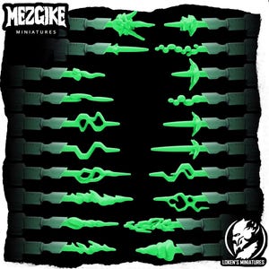 May include: A set of 18 green glow-in-the-dark plastic miniature weapons, including swords, daggers, and staffs. The weapons are arranged in two columns on a black background. The image includes the text "MEZGİKE MINIATURES".