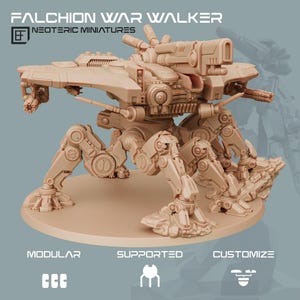 Puede incluir: Modelo en miniatura Falchion War Walker de color beige. El modelo presenta un diseño mecánico detallado con múltiples patas, un cuerpo central y varios accesorios de armas. El texto "FALCHION WAR WALKER" y "NEOTERIC MINIATURES" son visibles.