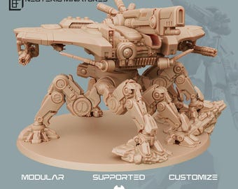 Op de afbeelding: Een tan-kleurig Falchion War Walker miniatuurmodel. Het model heeft een gedetailleerd mechanisch ontwerp met meerdere poten, een centraal lichaam en diverse wapenopzetstukken. De tekst "FALCHION WAR WALKER" en "NEOTERIC MINIATURES" zijn zichtbaar.