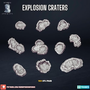 Peut inclure: Dix fichiers STL imprimables en 3D pour des cratères d'explosion. Les cratères sont de différentes tailles et formes, et ils sont tous de couleur grise.