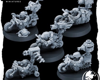 May include: A collection of five gray miniature motorcycles with riders, each mounted on a circular base. The motorcycles have detailed mechanical designs, with various weapon attachments. The image includes the text "MEZGIKE MINIATURES" and "LOKEN'S MINIATURES".