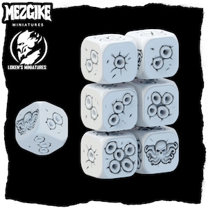 May include: Set of six white dice with black ink designs. The dice feature a skull and tentacles, and a pattern of circles. The dice are stacked in a pyramid shape.