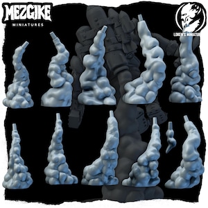 Peut inclure: Un ensemble de neuf effets de fumée miniatures imprimés en 3D dans différentes formes et tailles. Les effets de fumée sont de couleur gris clair et sont conçus pour être utilisés dans les jeux de table ou les dioramas.