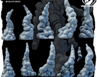 May include: A set of nine 3D printed miniature smoke effects in various shapes and sizes. The smoke effects are a light gray color and are designed to be used in tabletop games or dioramas.