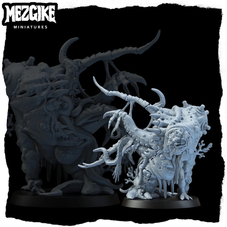 May include: A light gray miniature figure of a grotesque creature with multiple horns, tentacles, and a decaying appearance. The figure is on a black base, with the "MEZGIKE MINIATURES" logo in the top left corner.