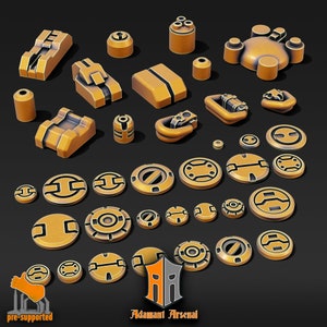 May include: A set of 3D printed, pre-supported,  gold-colored, sci-fi themed miniature building parts. The set includes various shapes and sizes of walls, doors, windows, and other architectural elements. The parts are designed to be used in tabletop games or other miniature projects.