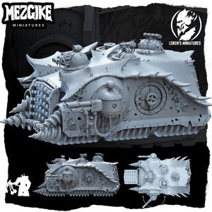 May include: A grey miniature tank with a drill-like front, spikes, and multiple gun turrets. The tank features a detailed, industrial design, with visible rivets and mechanical components. The image includes the logos "MEZGIKE MINIATURES" and "LOKEN'S MINIATURES".