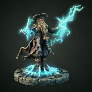 May include: A detailed figurine of a wizard with a long white beard and hat, dressed in dark clothing. The wizard is surrounded by glowing blue lightning bolts, standing on a stone platform with more blue light emanating from it. The figure has intricate details.