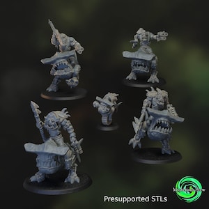 May include: A collection of gray, 3D-printed miniatures of fantasy creatures. The figures include orc-like warriors riding monstrous beasts with large jaws. The text "Presupported STLs" is visible at the bottom of the image.