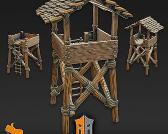 May include: Three wooden watchtowers with a thatched roof, a ladder, and rope details. The towers are different sizes and are pre-supported for 3D printing.