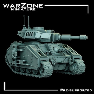 May include: A grey miniature tank with a long barrel and detailed tracks. The image includes the text "WARZONE MINIATURE" at the top and "PRE-SUPPORTED" at the bottom. The tank has multiple antennas and a complex design.