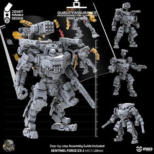 May include: A grey Sentinel Forge EX-1 Mech model kit, 28mm, with a joint posable design. The image shows the assembled model and components, including a 12cm height reference. The kit includes a step-by-step assembly guide.