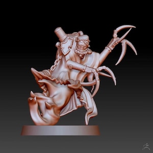May include: A 3D printed miniature of a skeletal figure with a gas mask and a mechanical arm, riding a skeletal creature. The figure is posed in a dynamic action pose, with the mechanical arm extended and the skeletal creature's mouth open.