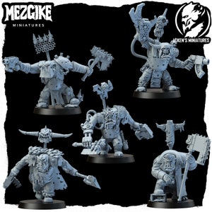 May include: Five grey plastic miniature figures of orcs, each with a different weapon and pose. The figures are from the MezGike Miniatures line and are part of the Loken's Miniatures collection.