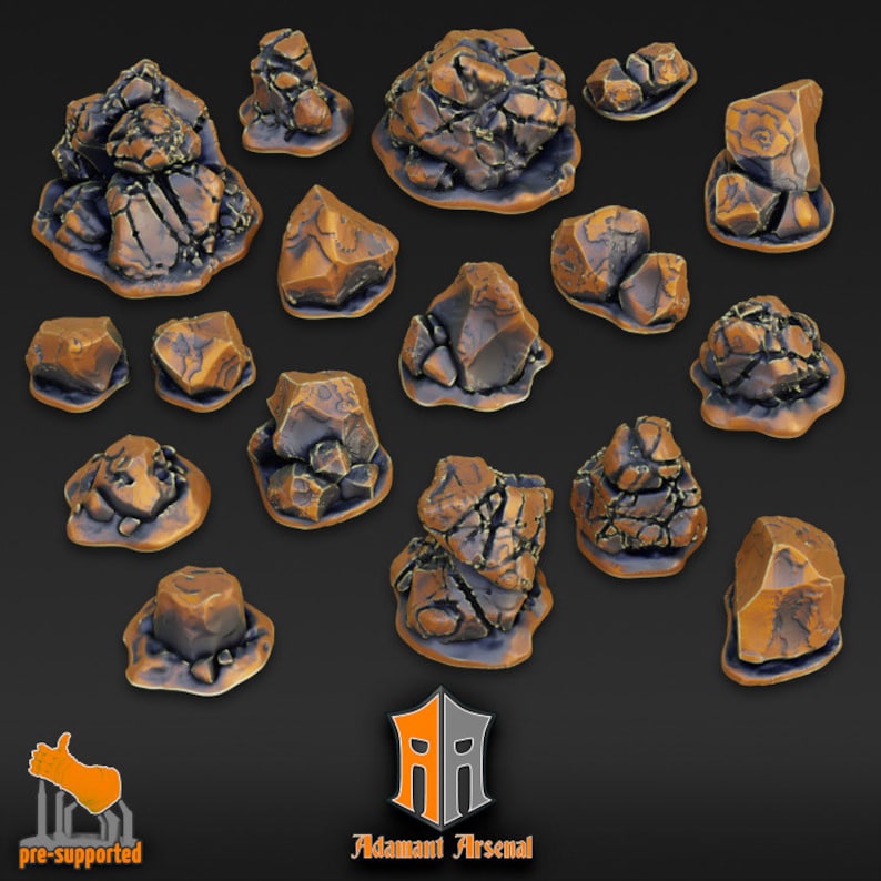 K&ouml;nnte beinhalten: Ein Set mit 17 vorab unterst&uuml;tzten 3D-gedruckten Harzsteinen f&uuml;r Tabletop-Spiele. Die Steine sind in verschiedenen Gr&ouml;&szlig;en und Formen, mit einer rauen, strukturierten Oberfl&auml;che und einem braunen und orangen Farbschema. Adamant Arsenal.