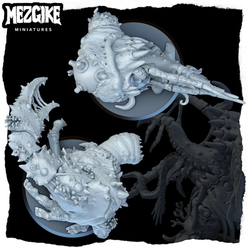 May include: Two detailed miniature figures, possibly for tabletop gaming, are displayed against a black background. The figures are light gray, with intricate, textured surfaces, and are mounted on circular bases. The top figure has a long, pointed shape, while the bottom figure has a more rounded form.